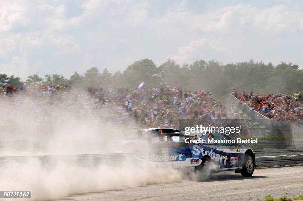 Matthew Wilson and Scott Martin of Great Britain compete in their Stobart VK Ford Focus during the third leg of the WRC Rally of Poland on June 28,...