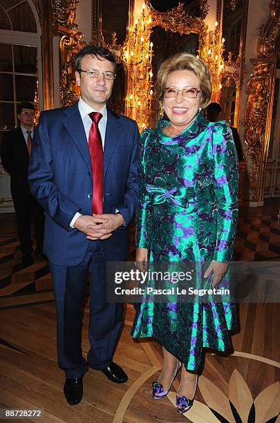 Governor of St Petersburg Valentina Matviyenko poses with German Gref, CEO of Sberbank at the Montblanc White Nights Festival Mariinsky Ball at...