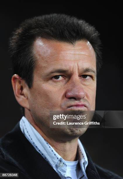 Brazil Coach Dunga looks on prior to the FIFA Confederations Cup Final between USA and Brazil at the Ellis Park Stadium on June 28, 2009 in...