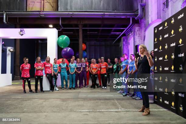 Head of WBBL Kim McConnie speaks during the 2017-18 WBBL Women's Big Bash League season launch at Carriageworks on December 7, 2017 in Sydney,...