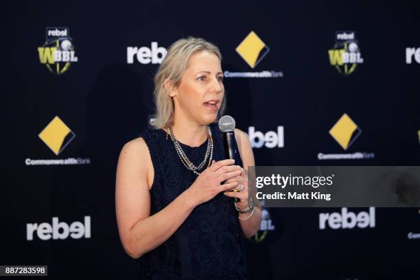 Head of WBBL Kim McConnie speaks during the 2017-18 WBBL Women's Big Bash League season launch at Carriageworks on December 7, 2017 in Sydney,...