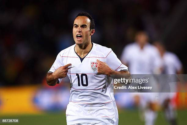 Landon Donovan of USA celebrates scoring his team's second goal during the FIFA Confederations Cup Final between USA and Brazil at the Ellis Park...