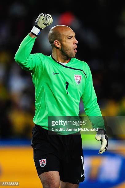 Tim Howard of USA celebrates after Landon Donovan scored his team's second goal during the FIFA Confederations Cup Final between USA and Brazil at...