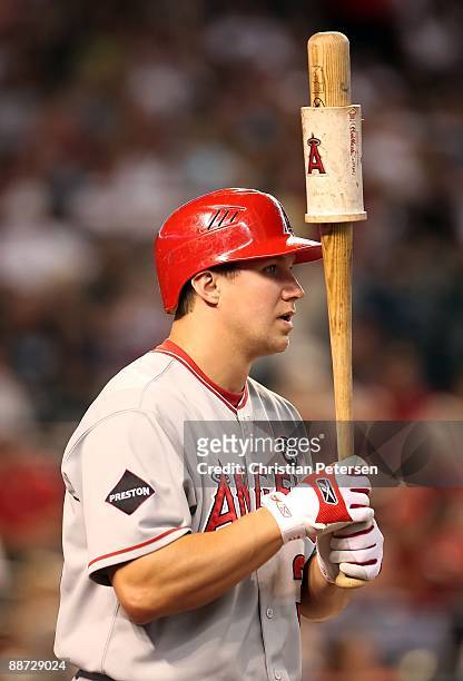 Robb Quinlan of the Los Angeles Angels of Anaheim warms up on deck during the major league baseball game against the Arizona Diamondbacks at Chase...