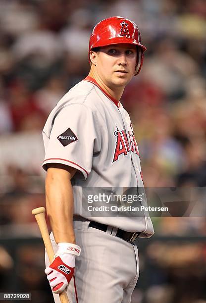 Robb Quinlan of the Los Angeles Angels of Anaheim warms up on deck during the major league baseball game against the Arizona Diamondbacks at Chase...