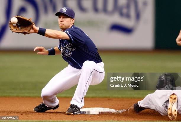 Infielder Ben Zobrist of the Tampa Bay Rays takes the throw at second as infielder Emilio Bonifacio of the Florida Marlins is safe during the game at...