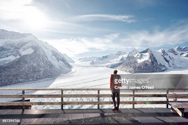 male hiker looking out at glacier and snowy peaks, aletsch glacier, switzerland - balustrade foto e immagini stock