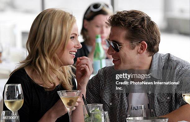 Actors Hugh Sheridan and Jessica Marais who star in the Hit TV Show 'Packed to the Rafters' are seen lunching at the Woolloomooloo Wharf on June 27,...