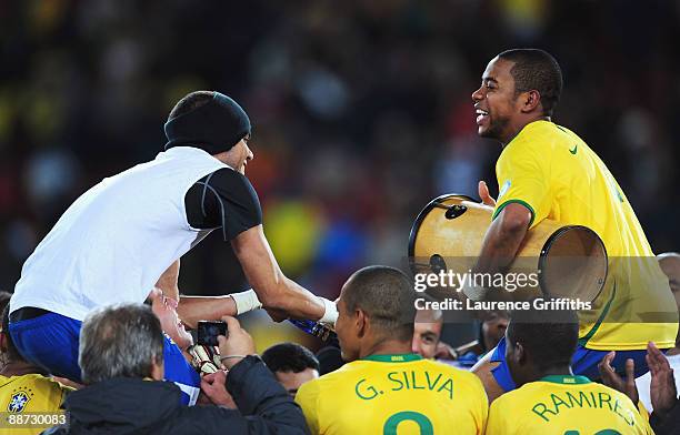 Robinho of Brazil celebrates following his team's victory at the end of the FIFA Confederations Cup Final between USA and Brazil at the Ellis Park...