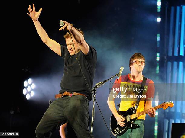 Damon Albarn and Graham Coxon of Blur perform on the Pyramid Stage during day 4 of the Glastonbury Festival at Worthy Farm in Pilton, Somerset on...
