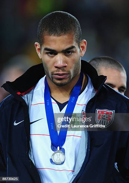 Oguchi Onyewu of USA shows his dejection at the end of the FIFA Confederations Cup Final between USA and Brazil at the Ellis Park Stadium on June 28,...