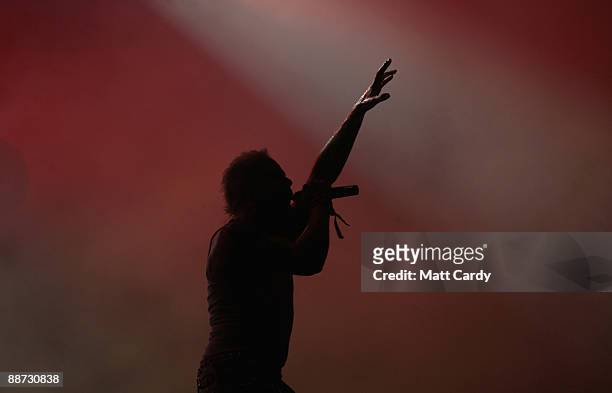Keith Flint, vocalist with The Prodigy performs on the Other Stage at the Glastonbury Festival at Worthy Farm, Pilton on June 28, 2009 near...