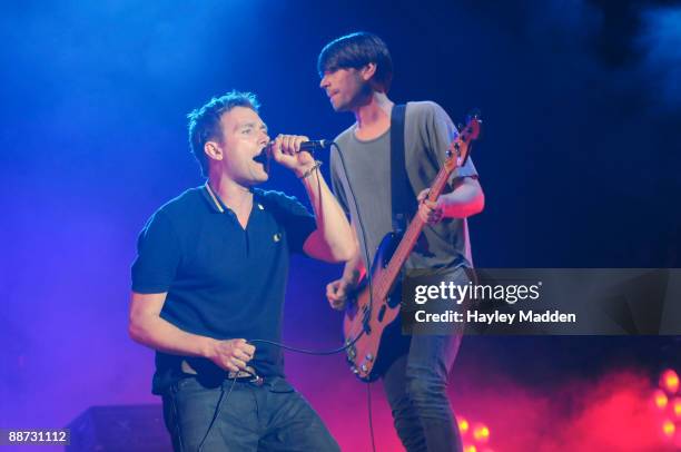 Damon Albarn and Alex James of Blur perform on The Main Stage on the last day of Glastonbury Festival at Worthy Farm on June 28, 2009 in Glastonbury,...