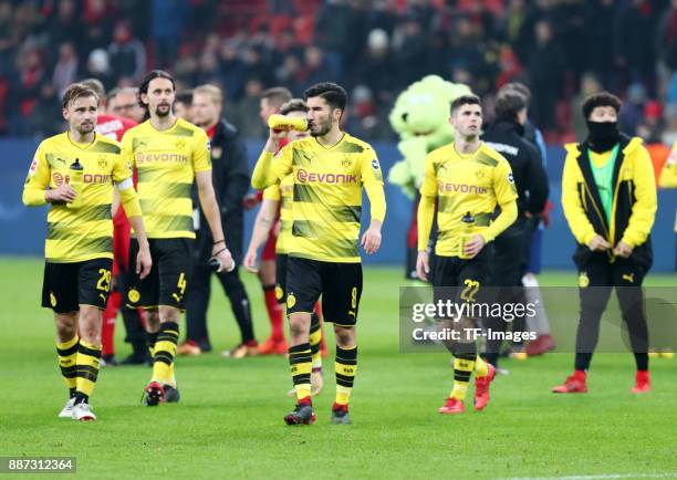 Marcel Schmelzer of Dortmund, Neven Subotic of Dortmund, Nuri Sahin of Dortmund, Christian Pulisic of Dortmund and Jadon Sancho of Dortmund look...