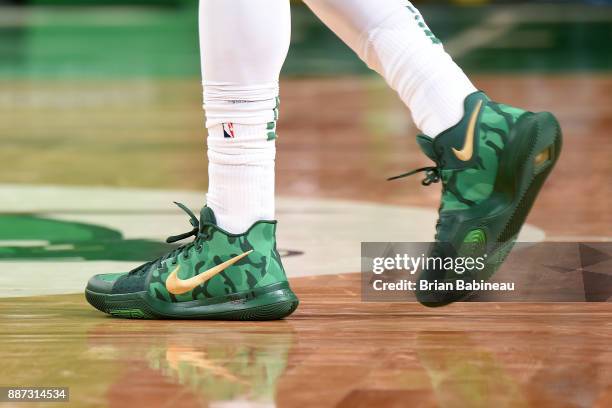 The sneakers worn by Kyrie Irving of the Boston Celtics are seen during the game against the Dallas Mavericks on December 6, 2017 at the TD Garden in...