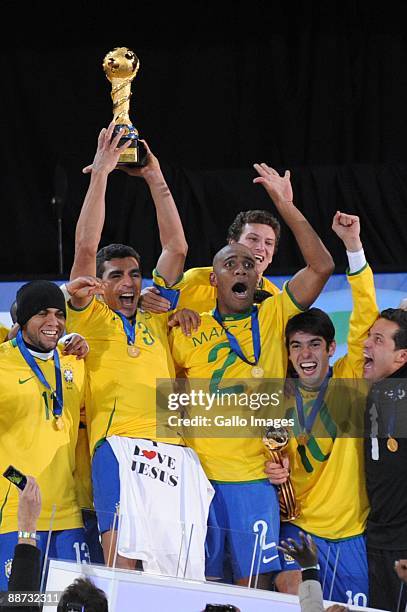 Brazil players celebrate winning the 2009 Confederations Cup final match between Brazil and USA from Ellis Park on June 28, 2009 in Johannesburg,...