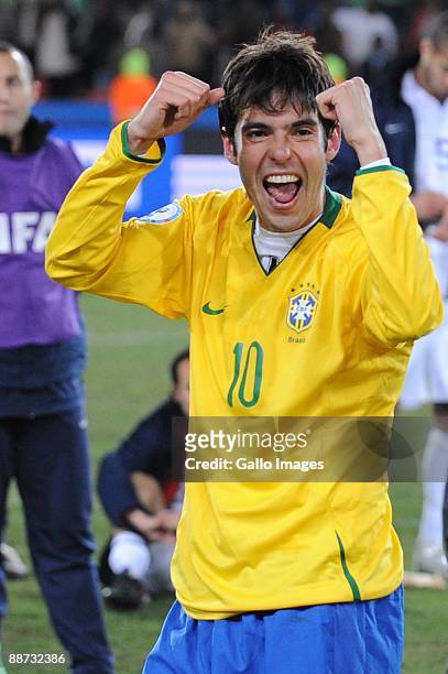 Kaka of Brazil celebrates during the 2009 Confederations Cup final match between Brazil and USA from Ellis Park on June 28, 2009 in Johannesburg,...