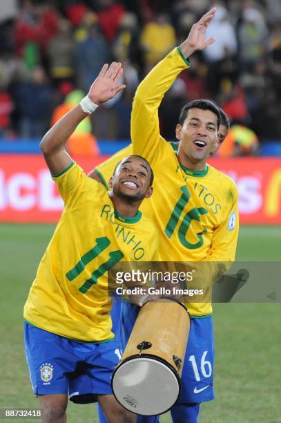 Robinho and Andre Santos and Brazil celebrate during the 2009 Confederations Cup final match between Brazil and USA from Ellis Park on June 28, 2009...