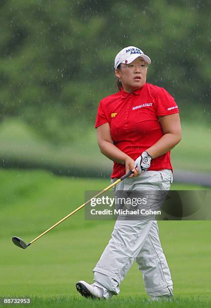 Jiyai Shin of South Korea hits her second shot on the 17th hole during the final round of the Wegmans LPGA at Locust Hill Country Club held on June...