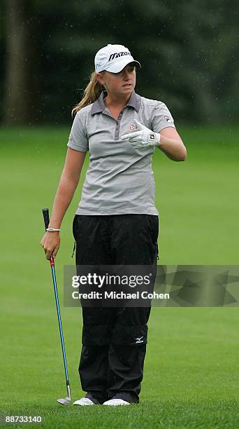 Stacy Lewis of the USA reacts to her third shot on the 16th hole during the final round of the Wegmans LPGA at Locust Hill Country Club held on June...
