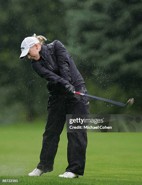 Morgan Pressel of the USA hits her third shot on the 17th hole during the final round of the Wegmans LPGA at Locust Hill Country Club held on June...
