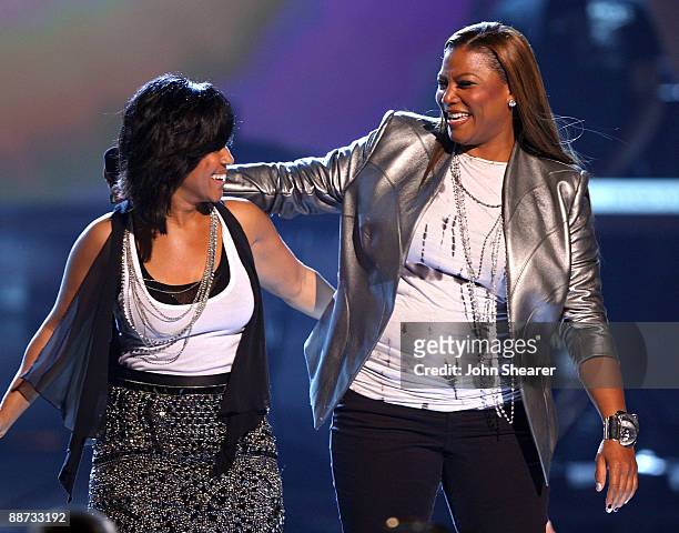 Musicians Erica Campbell of Mary Mary and Queen Latifah onstage at the 2009 BET Awards at the Shrine Auditorium on June 28, 2009 in Los Angeles,...