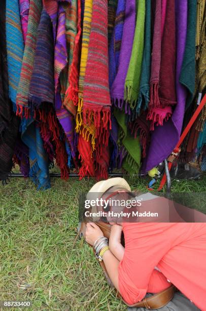 Having a rest in the hammock stall at Worthy Farm on June 28, 2009 in Glastonbury, England.