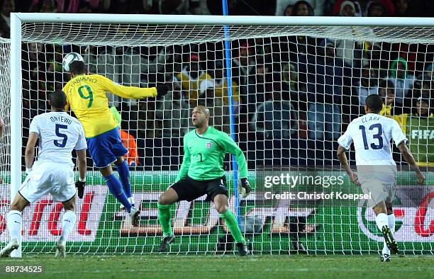 Luis Fabiano of Brazil scores the second goal during the FIFA Confederations Cup Final between USA and Brazil at the Ellis Park Stadium on June 28,...