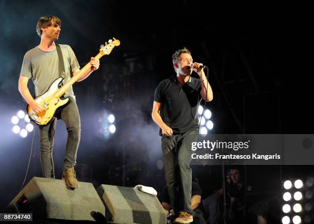 Alex James and Damon Albarn of Blur perform on stage on day four of the Glastonbury Music Festival at Glastonbury Festival site on June 28, 2009 in...