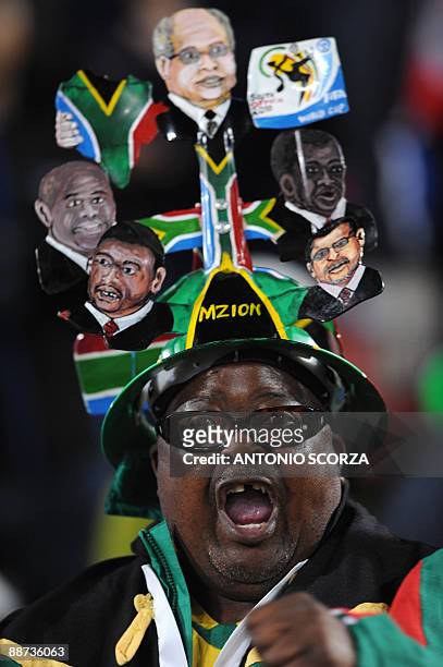 South African supporter sings in the stands before the Fifa Confederations Cup final football match United States against Brazil on June 28, 2009 at...