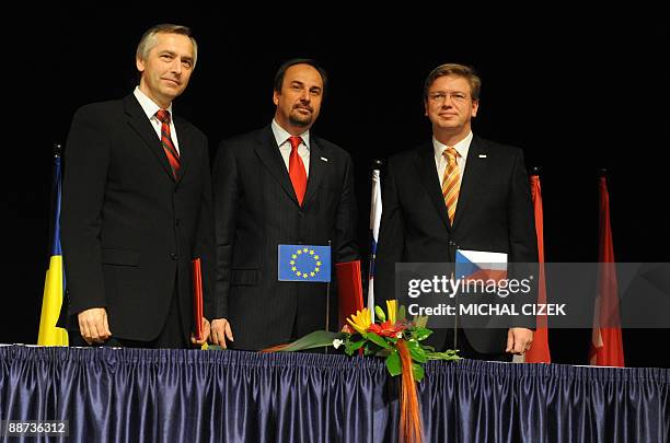 Czech Foreign Minister Jan Kohout poses with EU education, training, culture and youth commissioner Jan Figel and Czech European Affairs Minister...