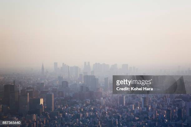 tokyo skyline at dusk - environmental damage stock-fotos und bilder