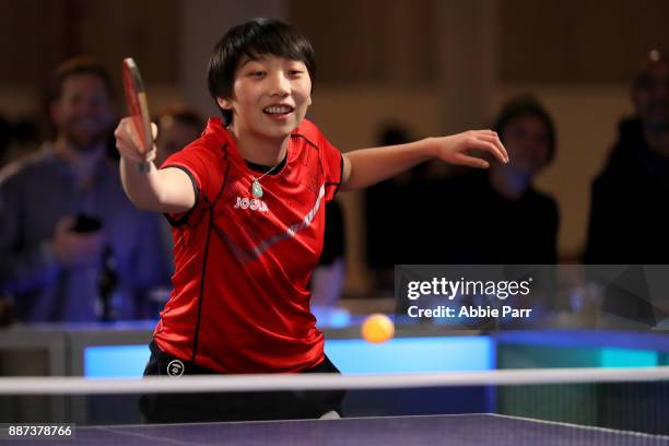 Rio Table Tennis Olympian Jennifer Wu competes in the pro table tennis tournament during the TopSpin charity fundraiser at the Metropolitan Pavilion...