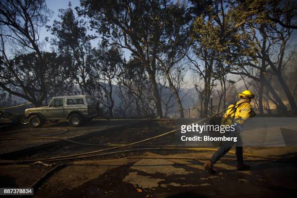 Firefighter pulls a hose line while working to save homes during the Skirball Fire in the Bel Air neighborhood of Los Angeles, California, U.S., on...