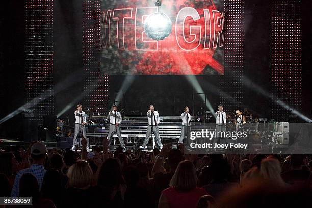 Joey McIntyre,Jonathan Knight,Donnie Wahlberg,Danny Wood, and Jordan Knight of New Kids On The Block perform in concert at the Verizon Wireless Music...