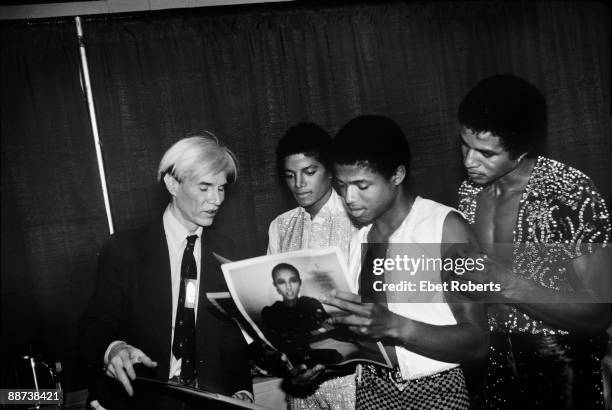 Andy Warhol, Michael Jackson, Randy Jackson and Jackie Jackson of the Jacksons at Madison Square Garden on August 19th 1981 in New York.