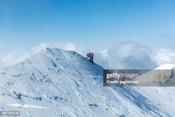 bergsteiger auf dem gipfel eines berges im winter - fjord der berge stock-fotos und bilder