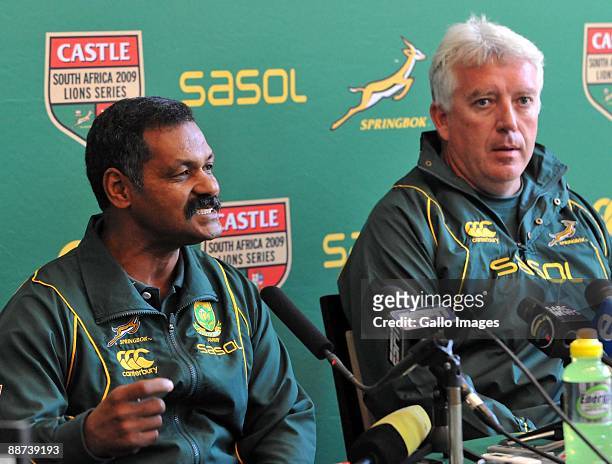 Coach Peter de Villiers and Fitness Coach Neels Liebel attend the South Africa press conference at the Sun Square Hotel in Fourways on June 29, 2009...
