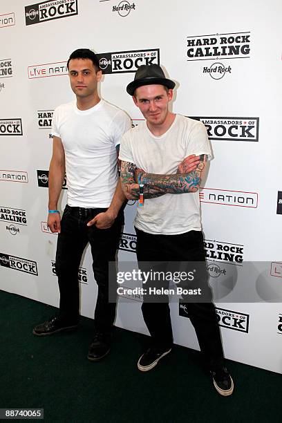 Alex Levine and Brian Fallon of Gaslight Anthem posed, backstage on the last day of Hard Rock Calling at Hyde Park on June 28, 2009 in London,...