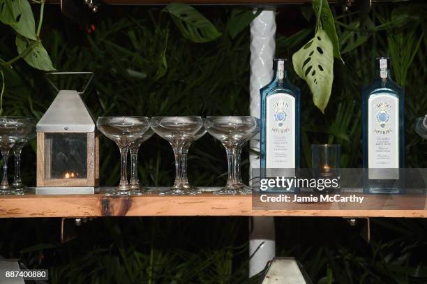 View of the Bombay Sapphire cocktails on display during the Artsy Projects Miami x Gucci: Special Thanks to Bombay Sapphire at The Bath Club on...