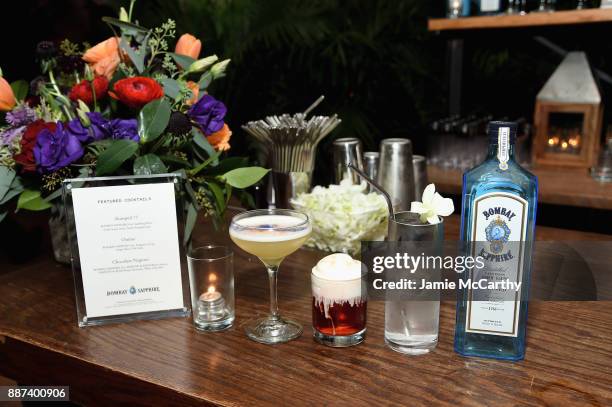 View of the Bombay Sapphire cocktails on display during the Artsy Projects Miami x Gucci: Special Thanks to Bombay Sapphire at The Bath Club on...