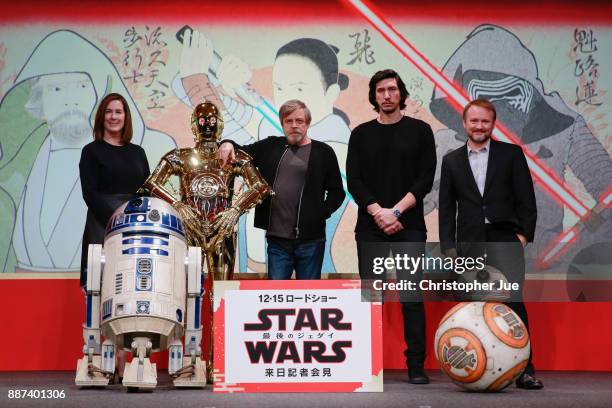 Producer Kathleen Kennedy, C-3PO, Mark Hamill, Adam Driver and Director Rian Johnson attend the 'Star Wars: The Last Jedi' press conference at the...