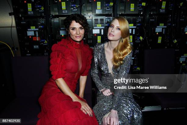 Danielle Cormack and Emma Booth pose backstage during the 7th AACTA Awards Presented by Foxtel at The Star on December 6, 2017 in Sydney, Australia.