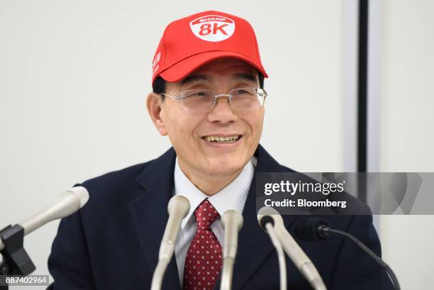 Tai Jeng Wu, president and chief executive officer of Sharp Corp., speaks at a news conference in Tokyo, Japan, on Thursday, Dec. 7, 2017. Tai said...