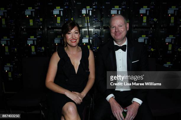 Celia Pacquola and Tom Gleeson prepare to go on stage during the 7th AACTA Awards Presented by Foxtel at The Star on December 6, 2017 in Sydney,...
