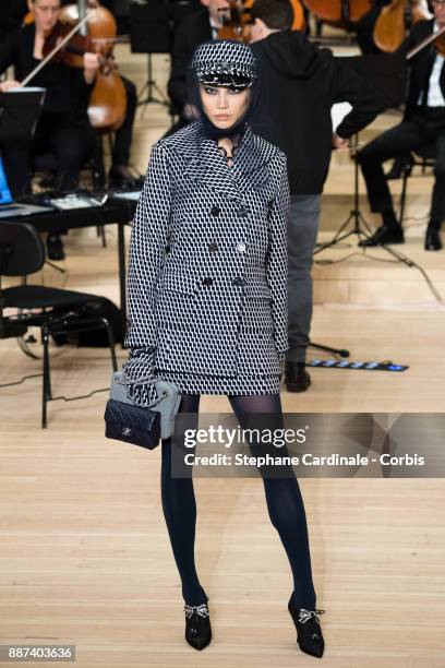 Model walks the runway during the Chanel Collection Metiers d'Art Paris Hamburg 2017/18 at the Elbphilharmonie on December 6, 2017 in Hamburg,...