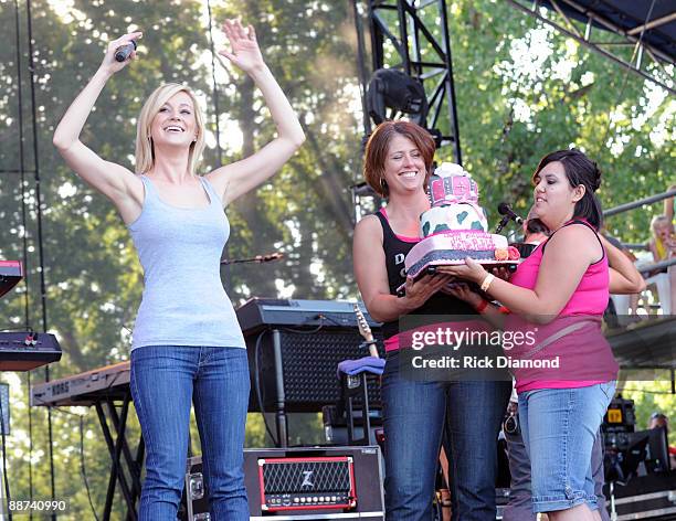 Singer/Songwriter Kellie Pickler celebrates her 23rd birthday enjoying a piece of cake on stage during Country Stampede 2009 at Tuttle Creek State...