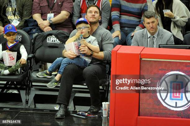 Actor Chris Pratt and son Jack Pratt attend a basketball game between the Los Angeles Clippers and the Minnesota Timberwolves at Staples Center on...