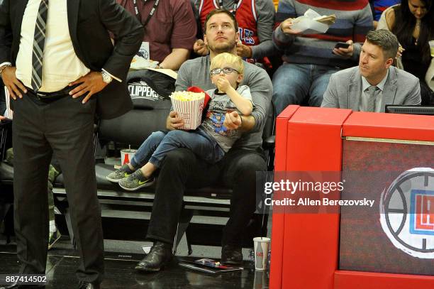 Actor Chris Pratt and son Jack Pratt attend a basketball game between the Los Angeles Clippers and the Minnesota Timberwolves at Staples Center on...