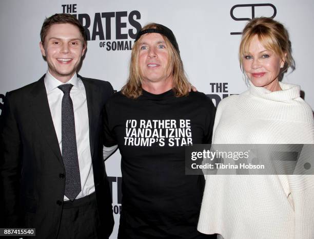 Evan Peters, Bryan Buckley and Melanie Griffith attend the premiere of 'The Pirates Of Somalia' at TCL Chinese 6 Theatres on December 6, 2017 in...